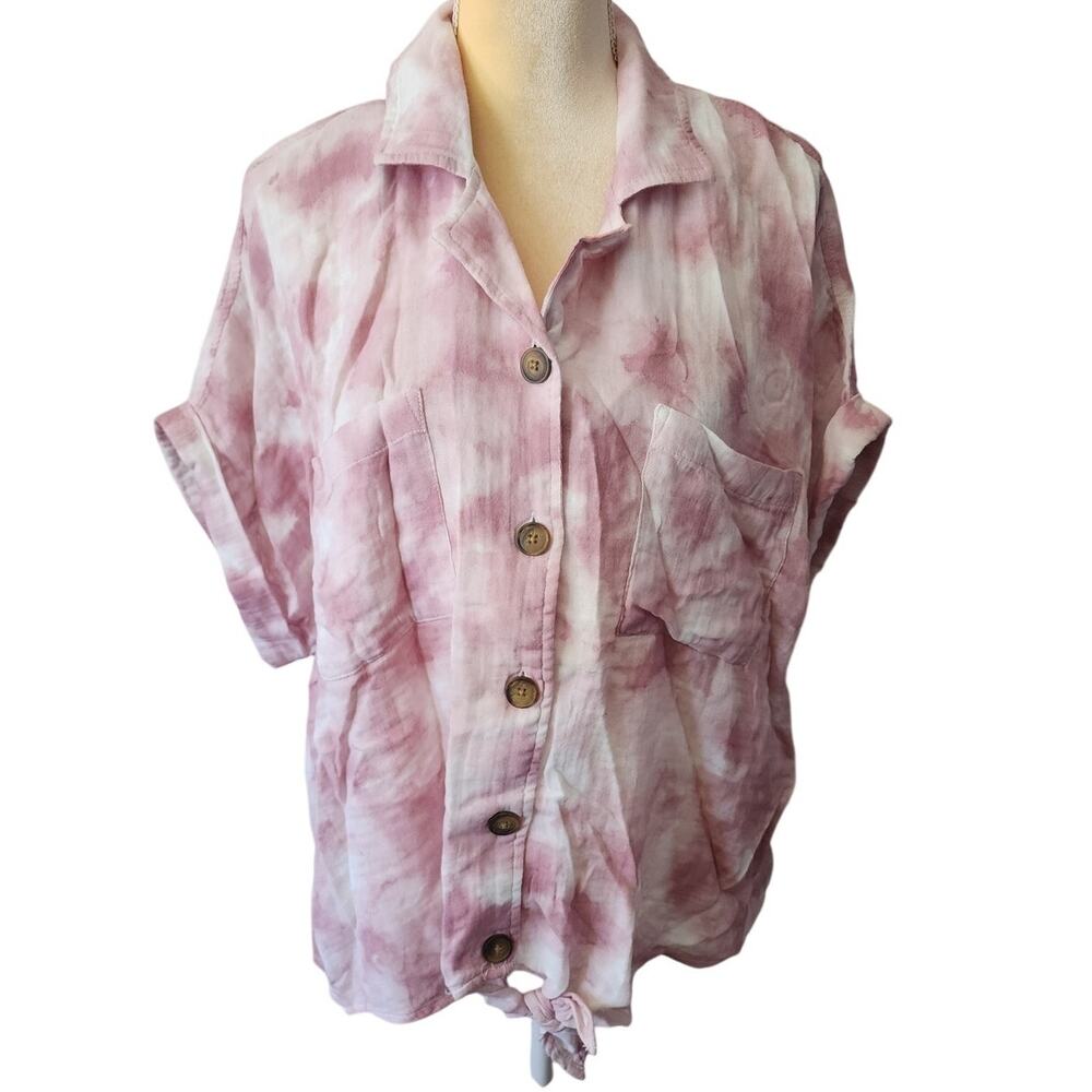 Dip Pink White Tie Dye Short Sleeve Button Down Shirt Plus Size 3X
